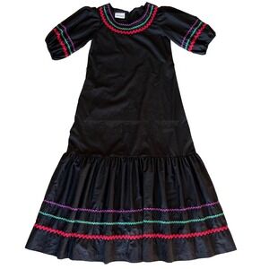 VTG Impressions Maxi Dress M Black Rickrack Cottagecore Hippie Bohemian Retro